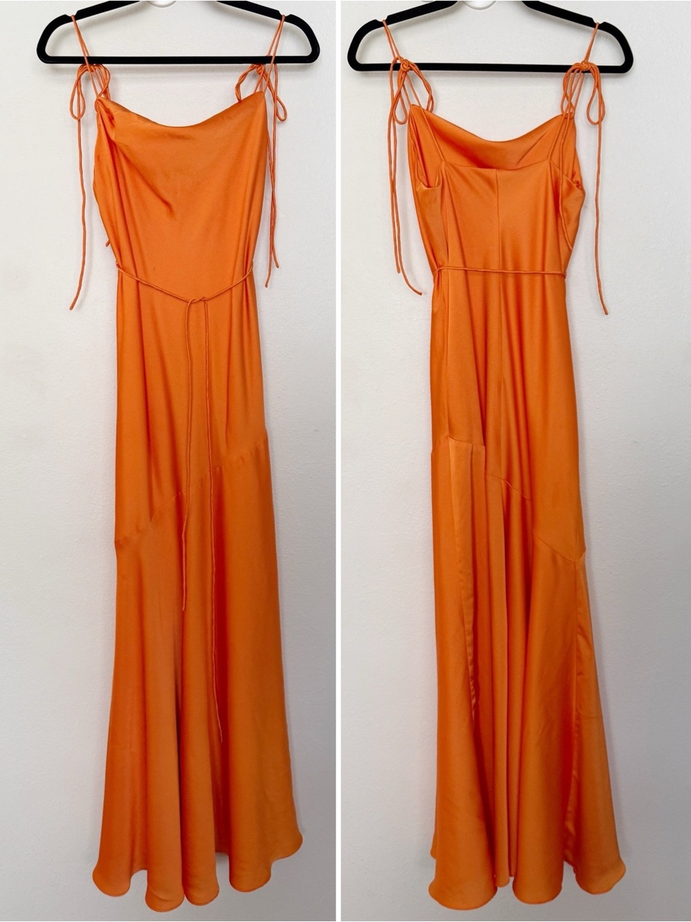 Fame & Partners Orange Satin Cowl Neck Slip Maxi Dress Tie Strap US 4